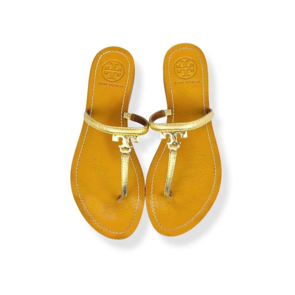 Tory Burch Metal Miller Thong Sandals Bourbon Miele Gold Leather Size 7.5